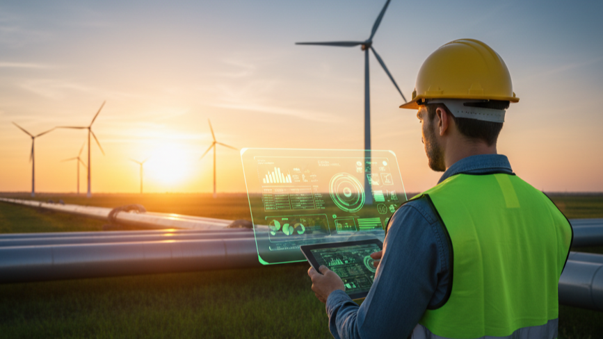 Image of a power grid connecting a city and a solar panel. 